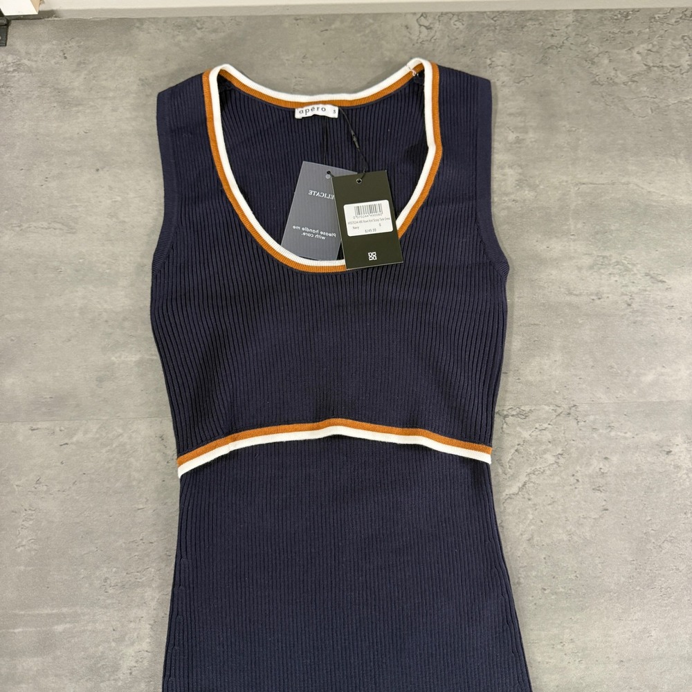 Apéro Rowe Knit Scoop Tank Dress S Navy Ribbed Maxi Cutout Preppy Summer $150